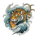 mythological lightning tiger with lightning around japanese waves  tattoo design idea