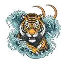mythological lightning tiger with lightning around japanese waves  tattoo design idea