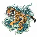 mythological lightning tiger with lightning around japanese waves  tattoo design idea