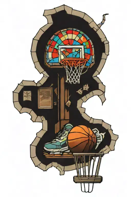 A church window with stained glass depicting a basketball hoop and photography equipment tattoo design idea