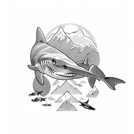 shark in the ocean with mountains  tattoo design idea