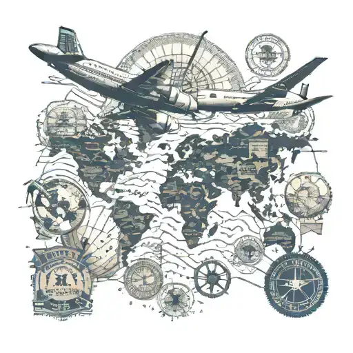 passport stamps representing different major cities also incorporate a compass , an airplane and a globe  tattoo design idea