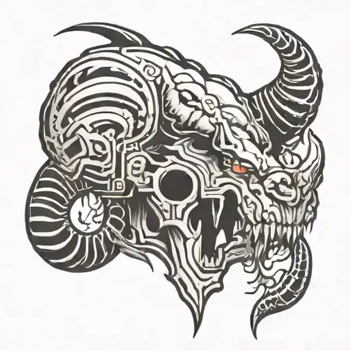 Doom Beast mark on the shoulder run with two horizontal black lines on the bicep tattoo design idea