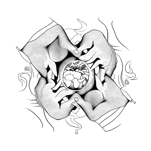 two hands holding the four elements fire, earth, air and water tattoo design idea