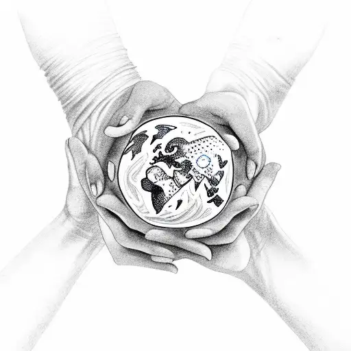 two hands holding the four elements fire, earth, air and water tattoo design idea