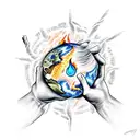 two hands holding the four elements fire, earth, air and water tattoo design idea