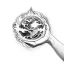 two hands holding the elements fire, earth, air and water tattoo design idea