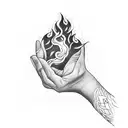 two hands holding the elements fire, earth, air and water tattoo design idea