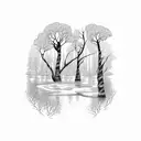 river birch tree by river with roots and cross in the roots tattoo design idea