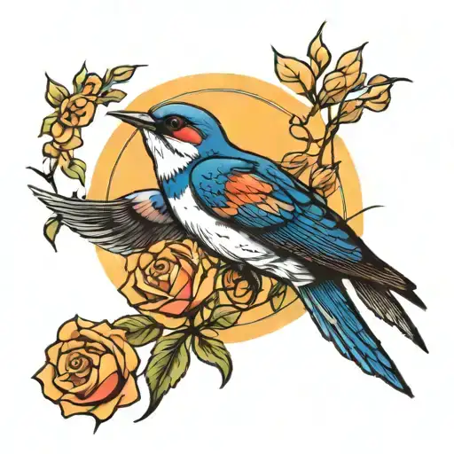 swallows flying towards - rose- sun -  tattoo design idea