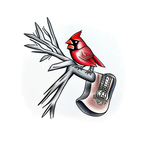 cardinal on a tree with a guitar as the branch tattoo design idea