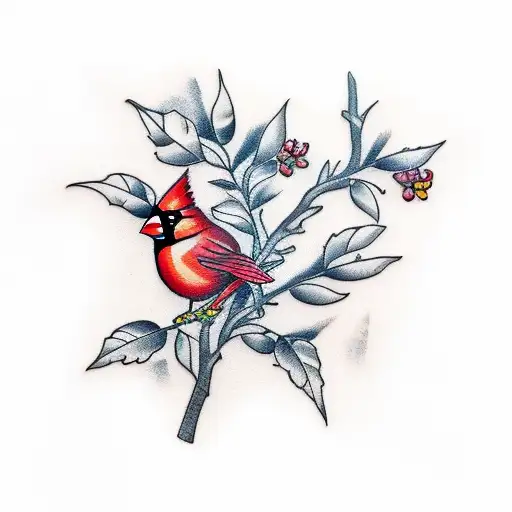 cardinal on a peach tree guitar tattoo design idea