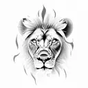 a lion with blue eyes  looking out of a scar tissue tattoo design idea