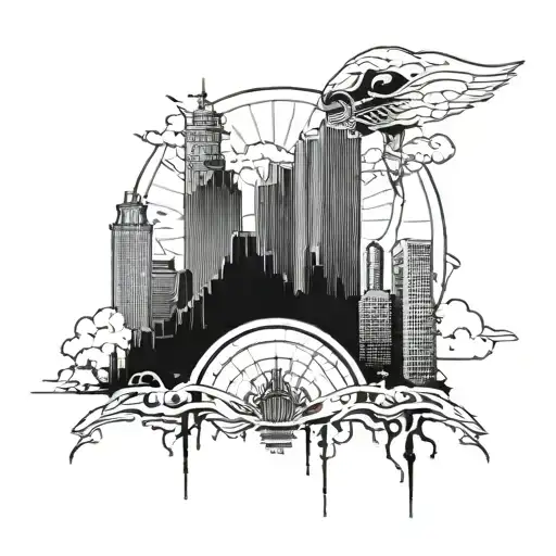 Incorporate iconic Detroit landmarks like the Renaissance Center and the Spirit of Detroit statue into a sleeve tattoo design tattoo design idea