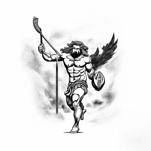 A black-grey tattoo of Poseidon, the Greek god of the sea, holding a football and wearing a soccer jersey. tattoo design idea