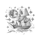 A detailed caravel ship navigating through a starry night sky, with constellations forming the shape of animals tattoo design idea