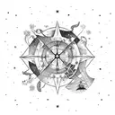 A detailed caravel ship navigating through a starry night sky, with constellations forming the shape of animals tattoo design idea