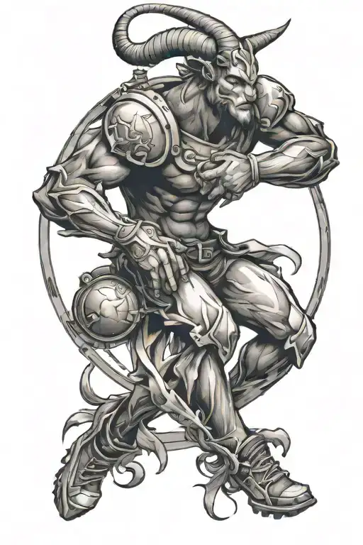 capricorn, time clock, young boy playing football player tattoo design idea