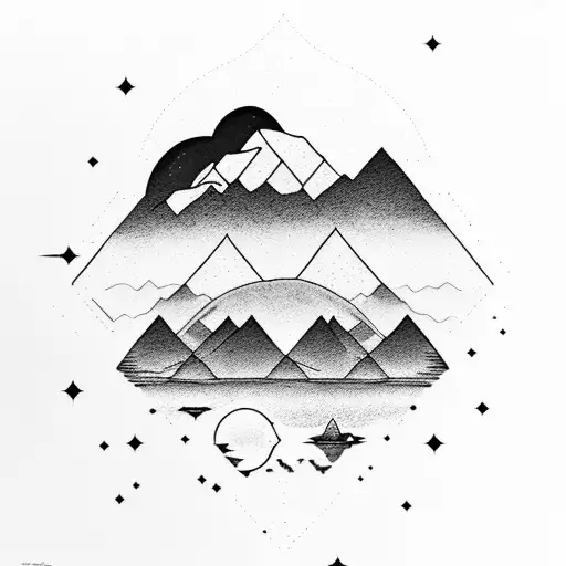 Majestic Rocky Mountains by a serene lake. In the reflection the prism from 'Dark Side of the Moon' emerge tattoo design idea