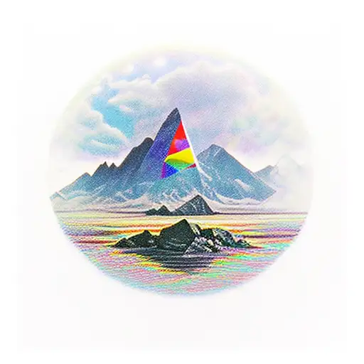 Rocky Mountains by a serene lake. In the reflection the prism from 'Dark Side of the Moon' from pink floyd  tattoo design idea