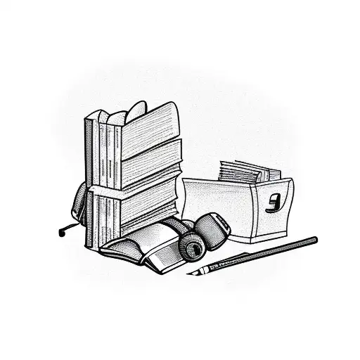 A student's desk with books, headphones, and a quill pen tattoo design idea