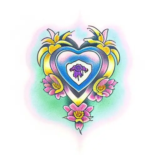 heart with morning glory, chrysanthemum, and violet tattoo design idea