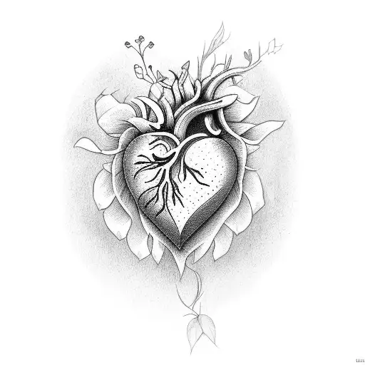 heart with morning glory, chrysanthemum, and violet tattoo design idea