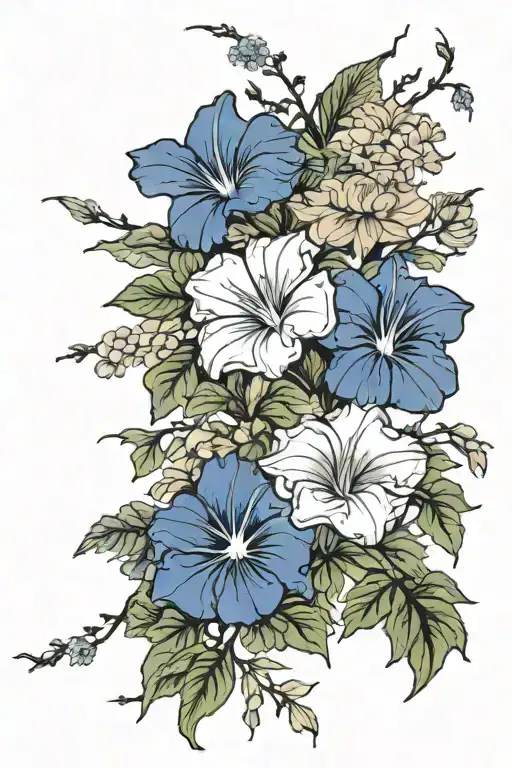 morning glory flower and aster flower bouquet fine line tattoo design idea
