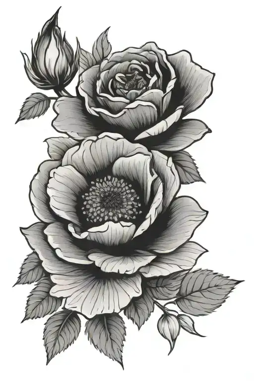 rose, anemone and black thin line tattoo design idea