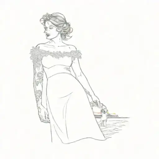 a woman in a wedding dress standing on the beach with the sunset over the horizon and 2 children playing in the sand tattoo design idea
