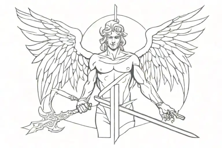 angels and demons and sword in hand tattoo design idea
