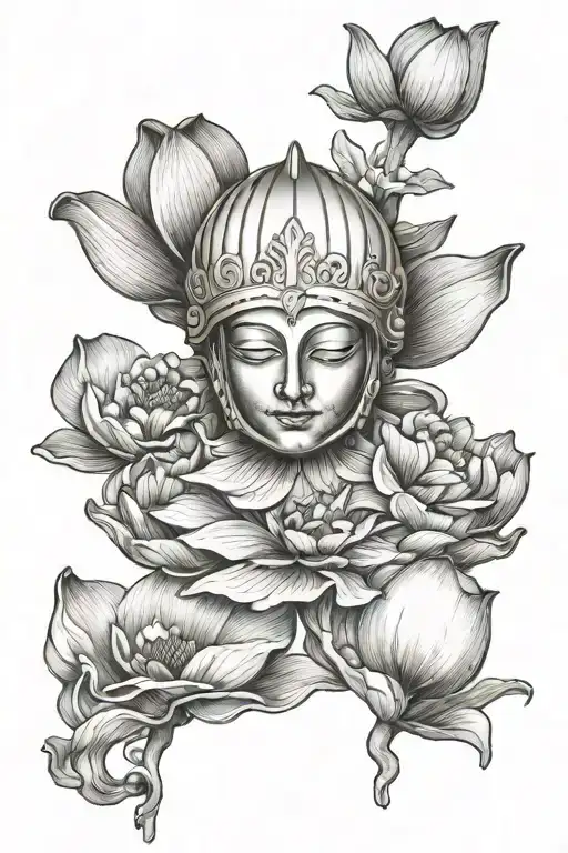 the head of minerva with a helmet and under it a lotus flower, on the left leg tattoo design idea