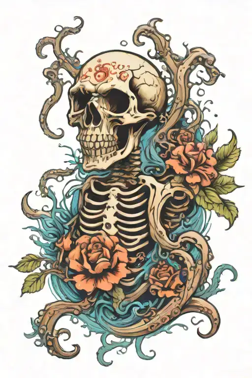 kraken skeleton with sea coral and flowers tattoo design idea