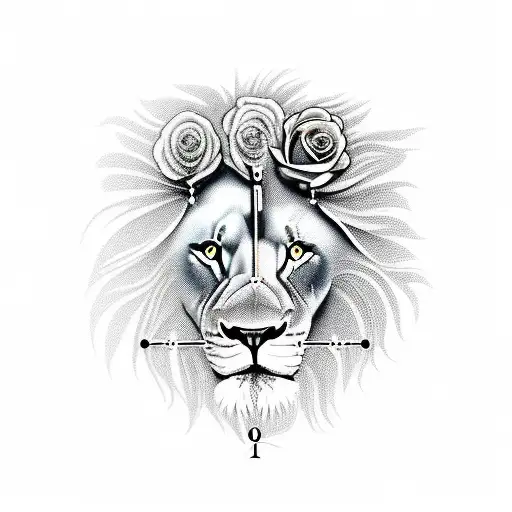 lion with clock and roses tattoo design idea