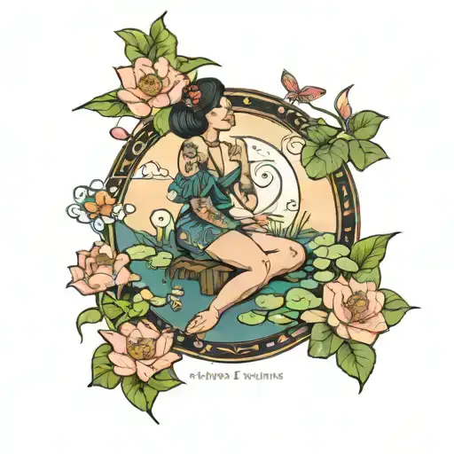Woman on a path of stable, secure lily pads gazing up at gemini, cancer, and sagittarius constellations with confidence tattoo design idea