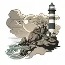 Lighthouse in calm waters with figure standing on rocks nearby gazing at lighthouse with confidence and trust tattoo design idea