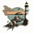 Lighthouse in calm waters with figure standing on rocks nearby gazing at lighthouse with confidence and trust tattoo design idea