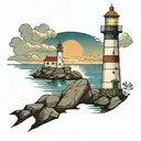 Lighthouse in calm waters with figure standing on rocks nearby gazing at lighthouse with confidence and trust tattoo design idea