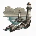 Lighthouse in calm waters with figure standing on rocks nearby gazing at lighthouse with confidence and trust tattoo design idea