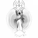 woman standing and reaching upward toward a beacon of self-identity and light tattoo design idea