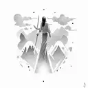 woman standing and reaching upward toward a beacon of self-identity and light tattoo design idea