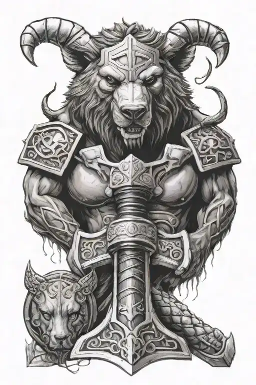 Thor hammer and bear head tattoo design idea