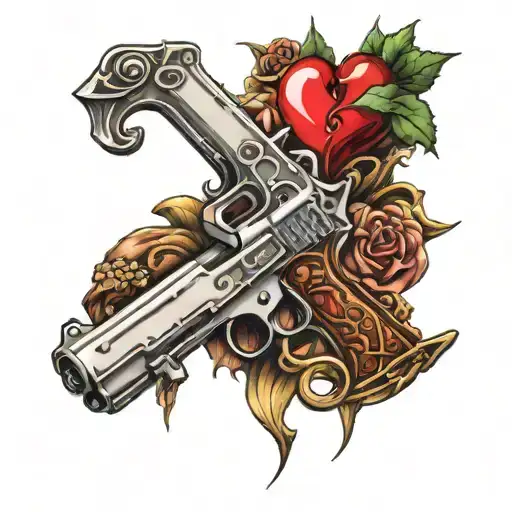 dagger, gun, heart tattoo design idea