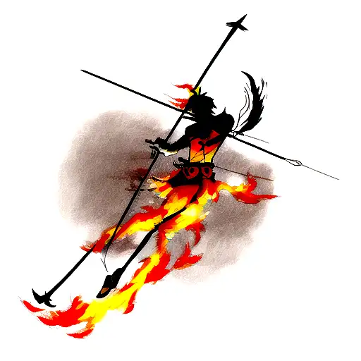 A minimalist tattoo of a bow and arrow engulfed in flames tattoo design idea