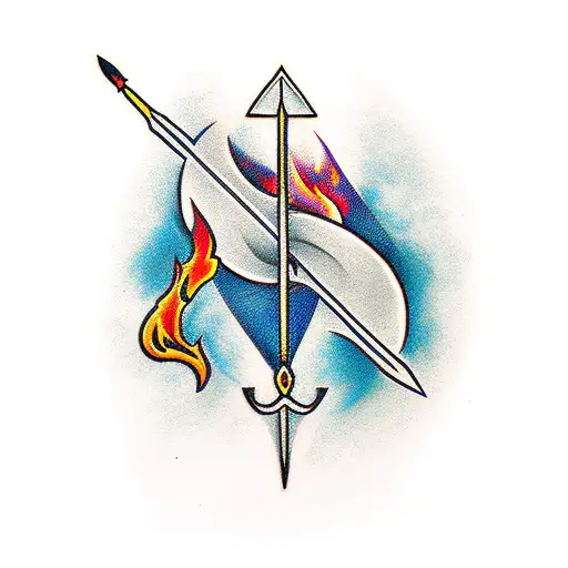 A minimalist tattoo of a bow and arrow engulfed in flames tattoo design idea
