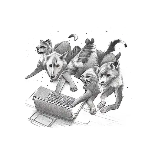 A web developer coding on a laptop while surrounded by a pack of wild dogs tattoo design idea