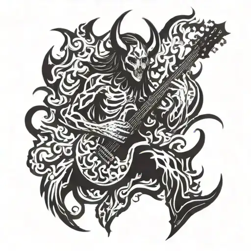 A black metal inspired tattoo design featuring a demonic figure playing a guitar surrounded by flames tattoo design idea