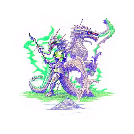 A pixelated knight from Ghouls 'n Ghosts battling a dragon tattoo design idea