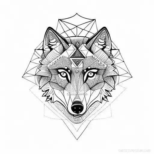 half geometric Wolf with palm tree and mandala tattoo design idea