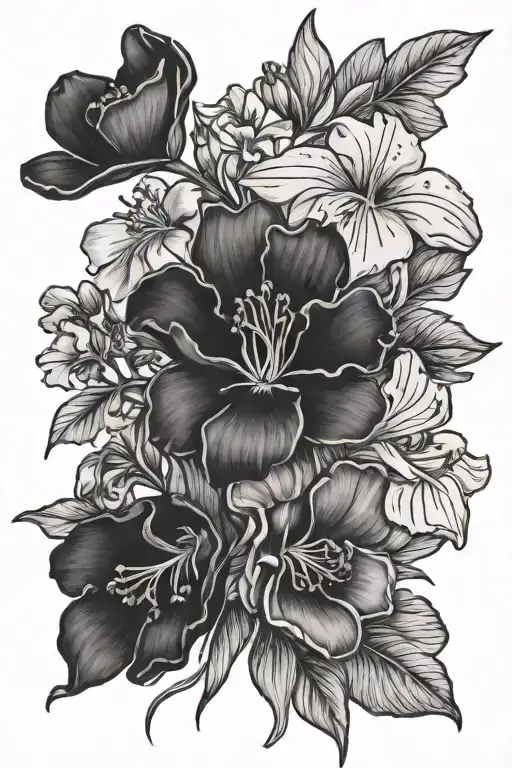 Buttercups with lilacs and irises tattoo design idea